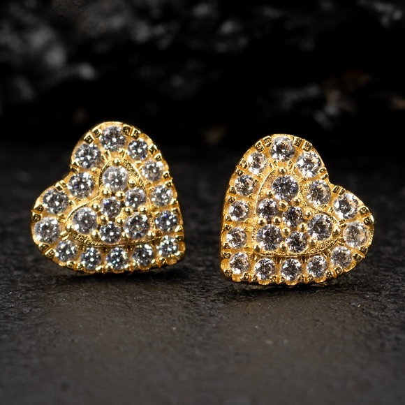 Women’s Heart Honey Comb Set 925 Sterling Silver 14K Yellow Gold Stud Earrings - Picture 4 of 5